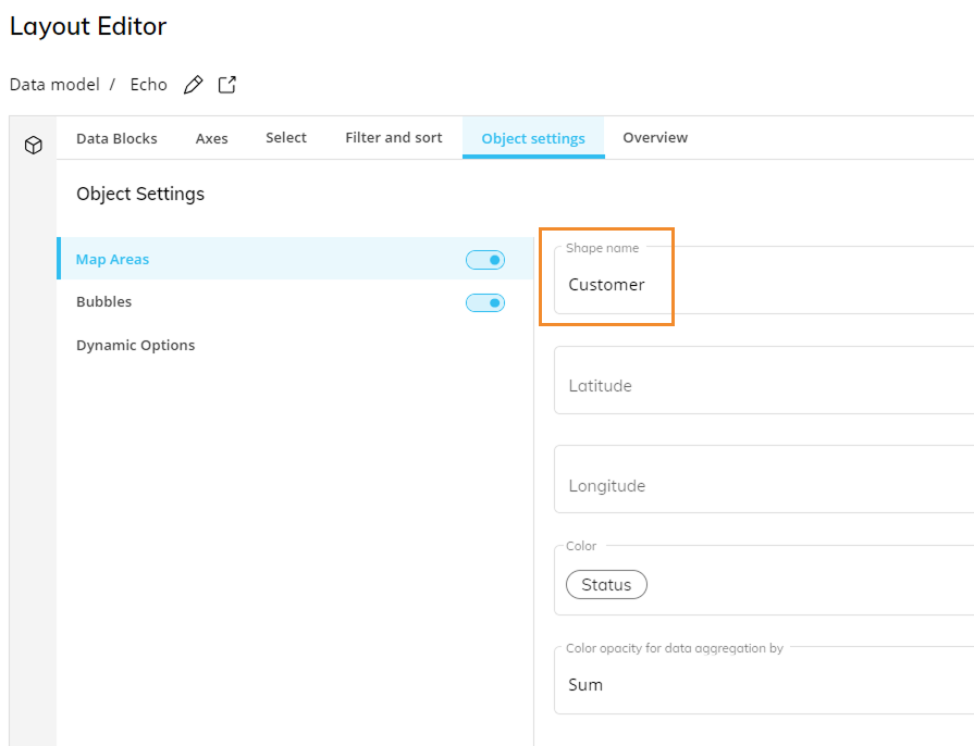 Object settings in layout editor showing shape name and data options for customer.